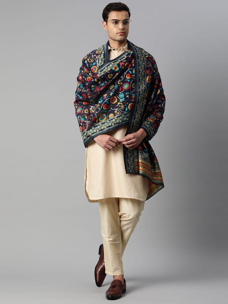 Men Navy Blue and Gold Toned Pure Cotton Dupatta With Embrodried Woven Design view 2