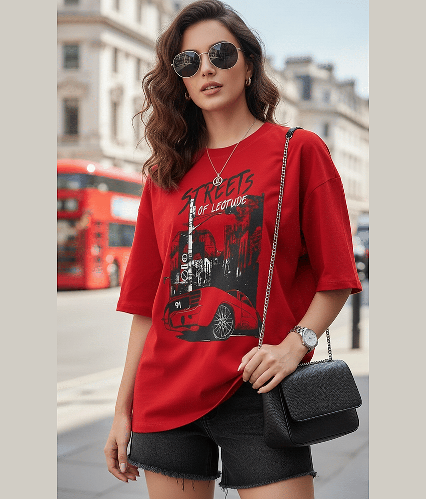 Leotude Women Cotton Blend Printed Oversized Fit Round Neck T-Shirt ( Red )