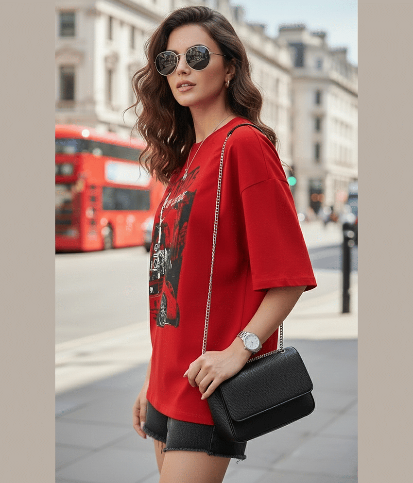Leotude Women Cotton Blend Printed Oversized Fit Round Neck T-Shirt ( Red ) view 2