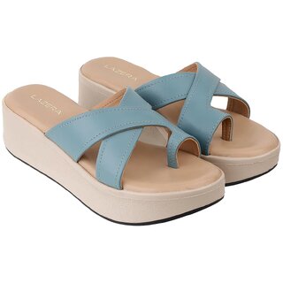 Lazera Platform Heel Sandals Solid Broad Strap Upper Pattern Open Back Slip On For Women Blue