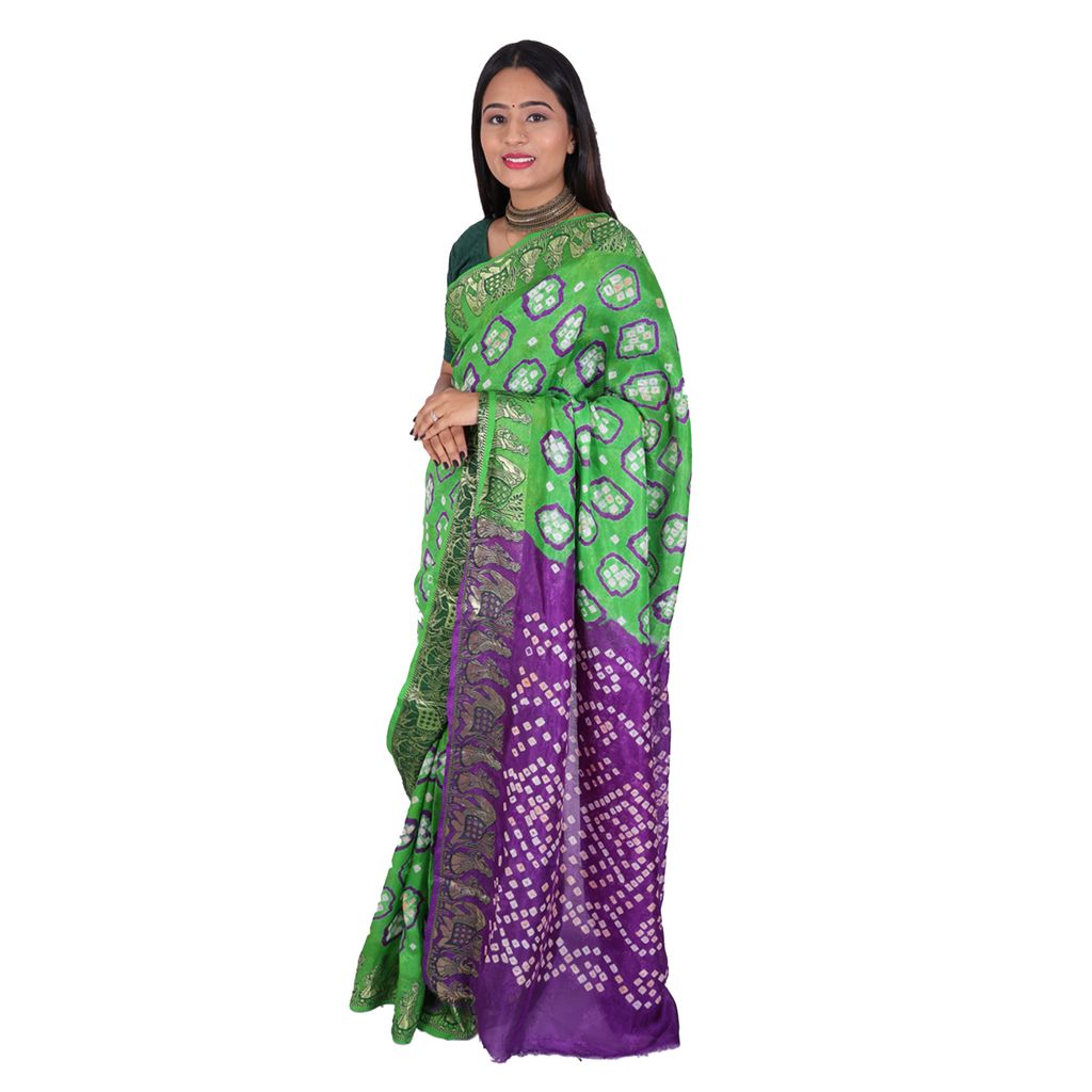 Tribes India Handwoven Green and Violet Bandhej Saree view 2