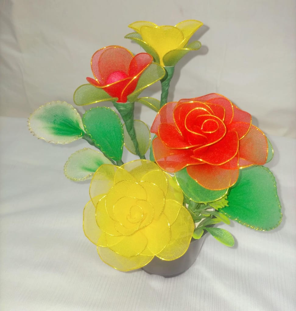 Handmade Nylon Red and Yellow Stocking Flowers with Pot view 2