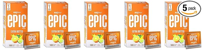 Manforce Epic Passion Extra Dotted Premium Condoms For Men With 1800 Square Dots Fruit Punch Flavour Disposable Pouch (10 Counts) Orange x pack of 5
