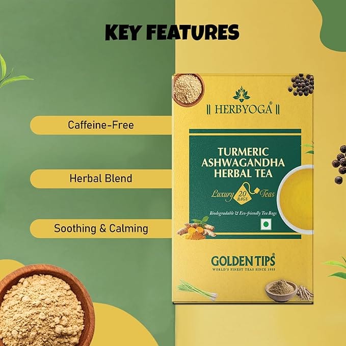 Golden Tips Turmeric Ashwagandha Herbal Tea, Natural Caffeine-Free Infusion with Lemongrass, Mulethi & Black Pepper, Ideal for Relaxation, Vitality & Immune Wellness view 2