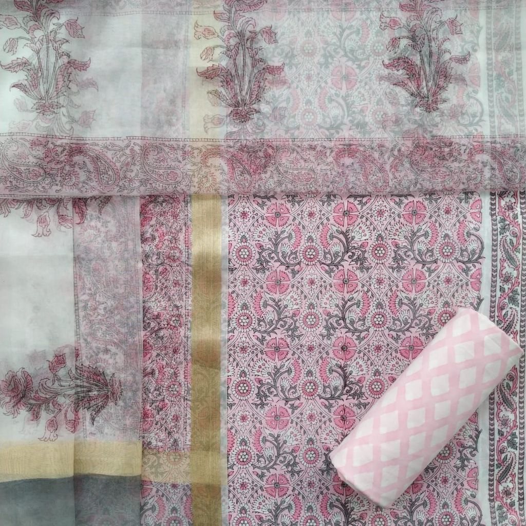 Exclusive Hand Block Print Cotton Suit with Organza Dupatta (ORG118) view 2