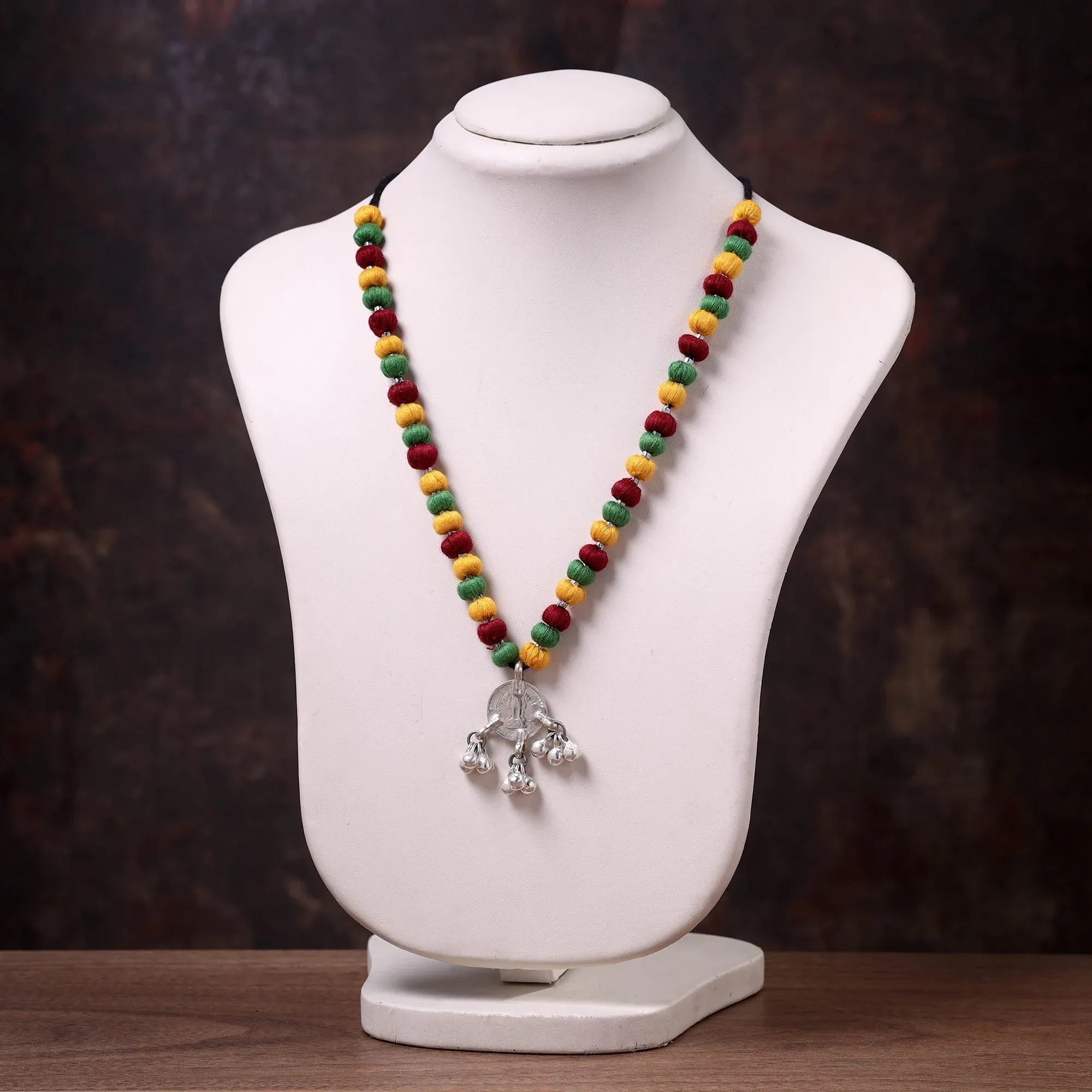 Multicolor Lambani Thread & Bead Work Coin Pendant Necklace view 2