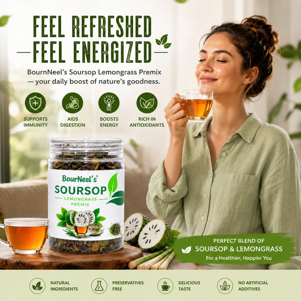 BourNeel's® Soursop Lemongrass Tea Premix 50gm | No Preservatives | Graviola Laxman Phal Leaves | Dry Lemongrass | Soursop Kadha Tea | view 2