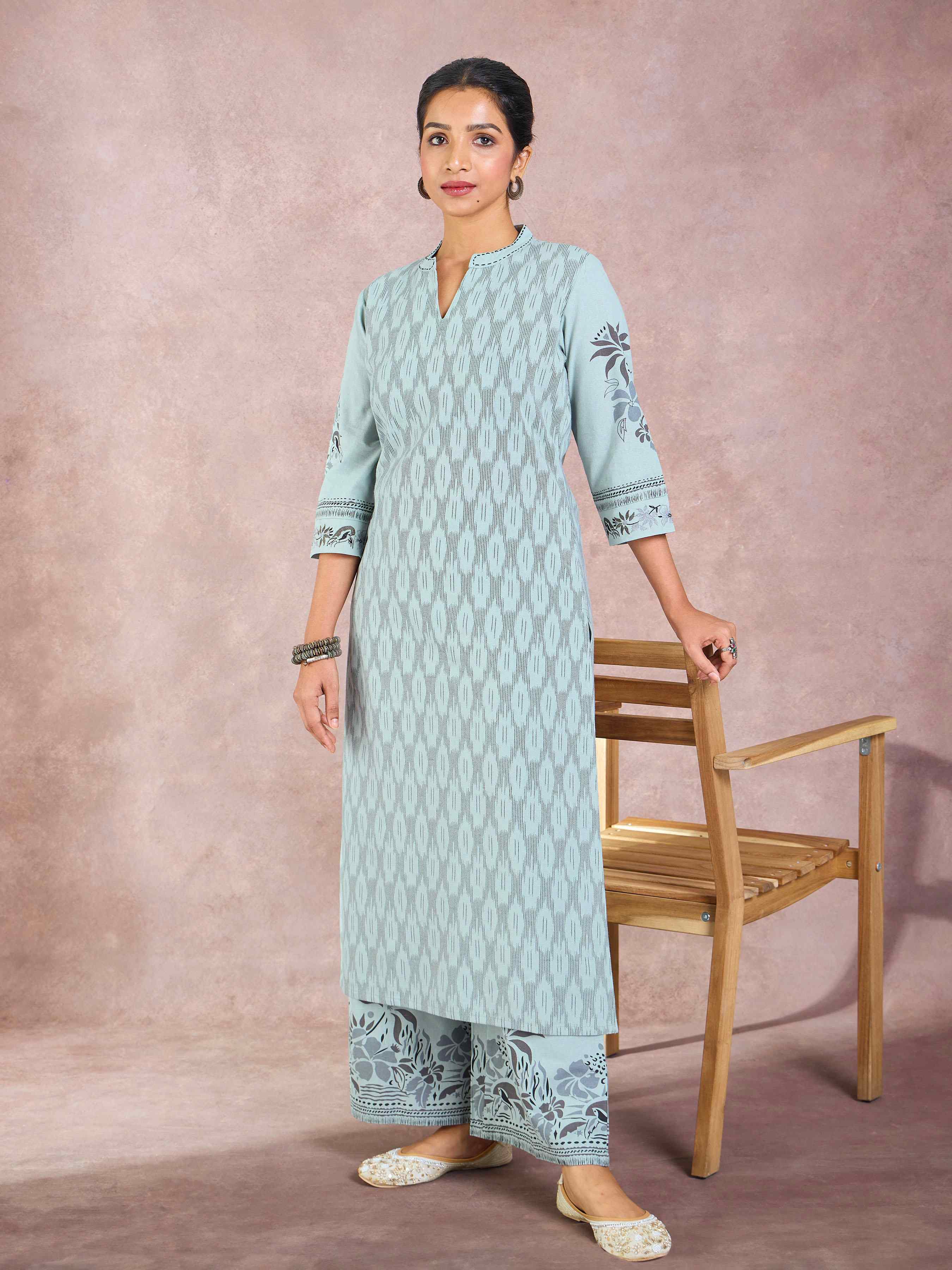 Sage Green Cotton Flax Printed Kurti With Embroidery view 2