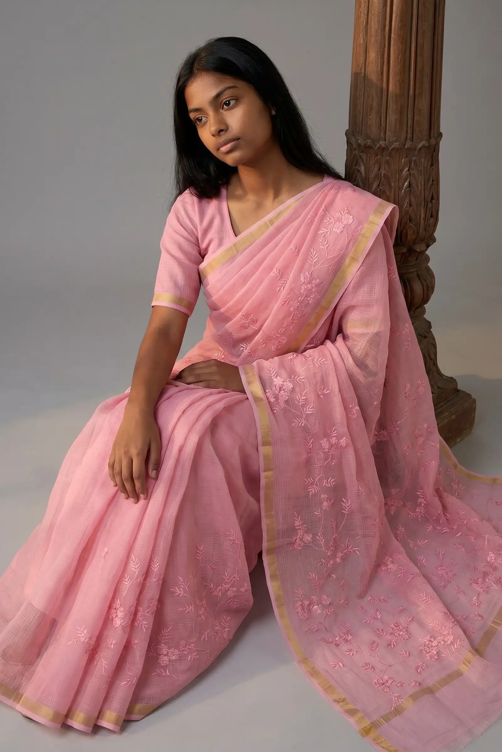 Kota Doria Cotton Saree Mauve Pink Embroidered Floral view 2