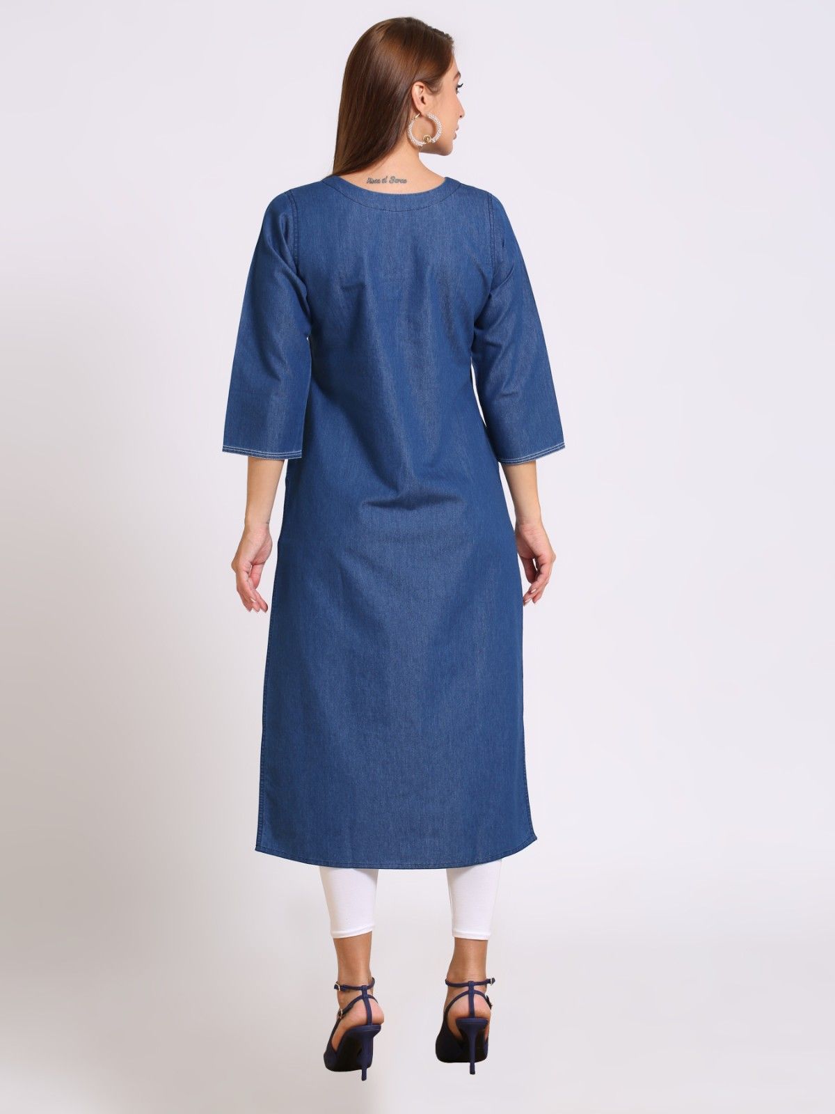 Denim Embroidered Kurta, Blue - XL (Style -2459) view 2