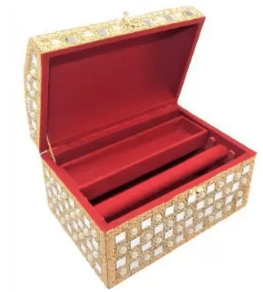 Singaardani Cosmetic Vanity Box for Pride Gift and Women Wedding, Bag for Women Makeup Kit with Latest Antique Design One large compartment and one round rod for bangles allows you to fit in a variety of stuff inside. Vanity Box (Golden) view 2