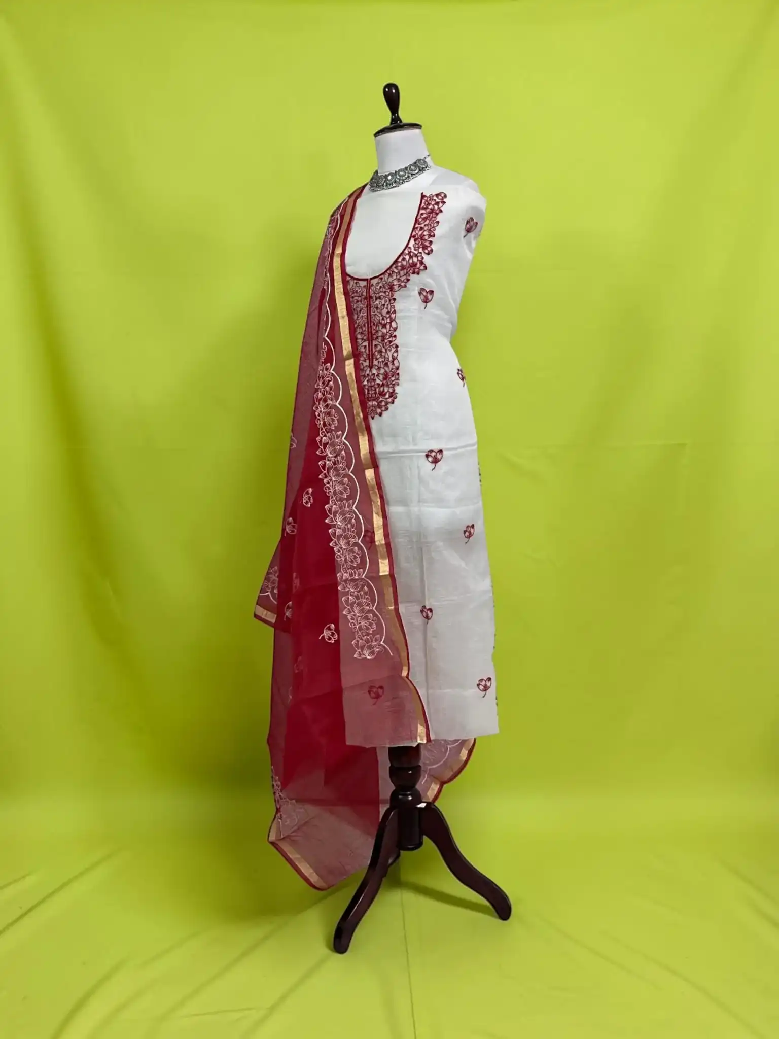 Kota Doria Maroon Red Cotton-Silk Dress Material with Hand Embroidery view 2