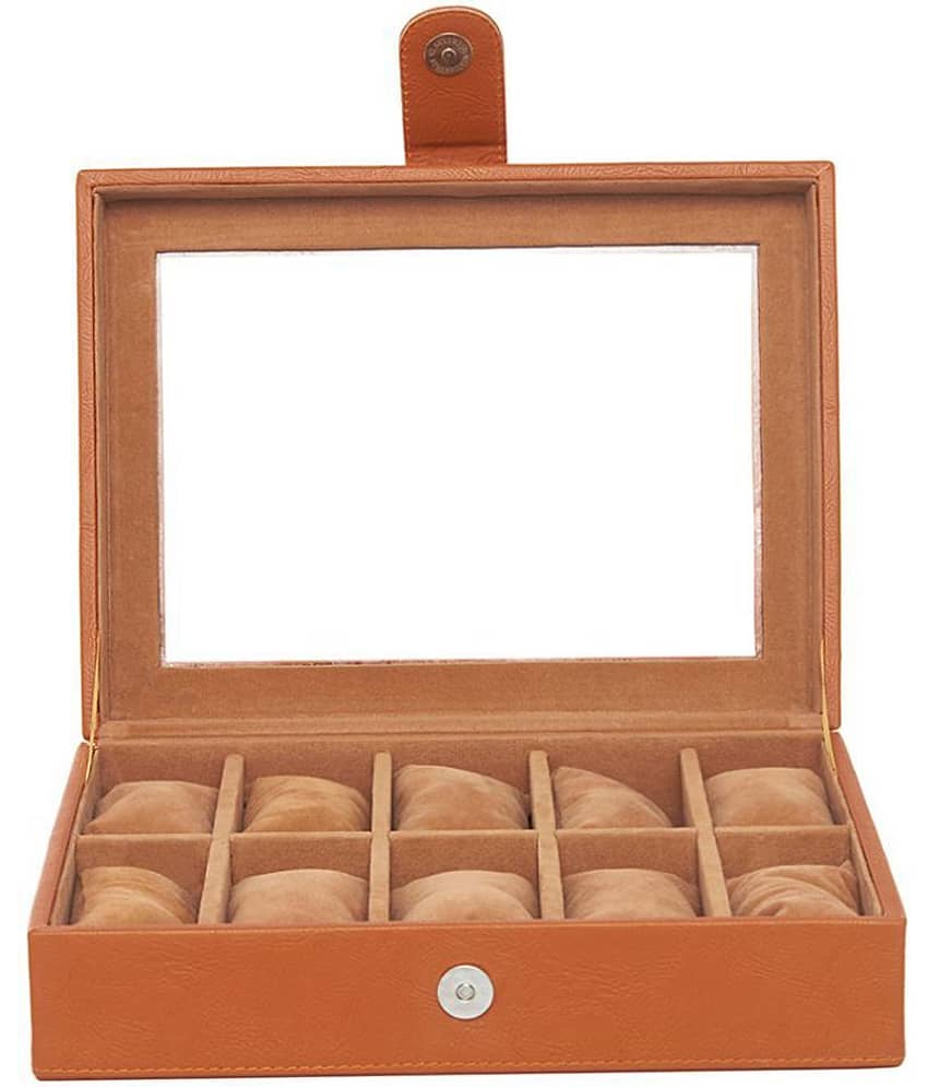 Leather World 5.5 Liter Tan PU Leather Designer Watch Display Case with Clasp Closure Travel Bag view 2