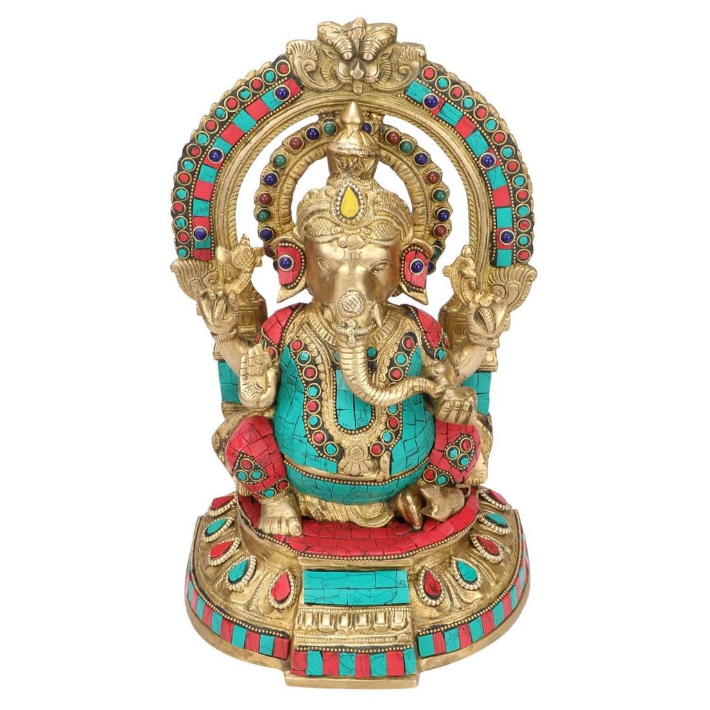ARTVARKO 1 Ft Large Brass Lord Ganesha Singhasan Idol Ganesha Bhagwan Idol Ganpati Murti Statue Multicolor Gemstone Handwork for Home Decoration Entrance Showpiece and Gift view 2