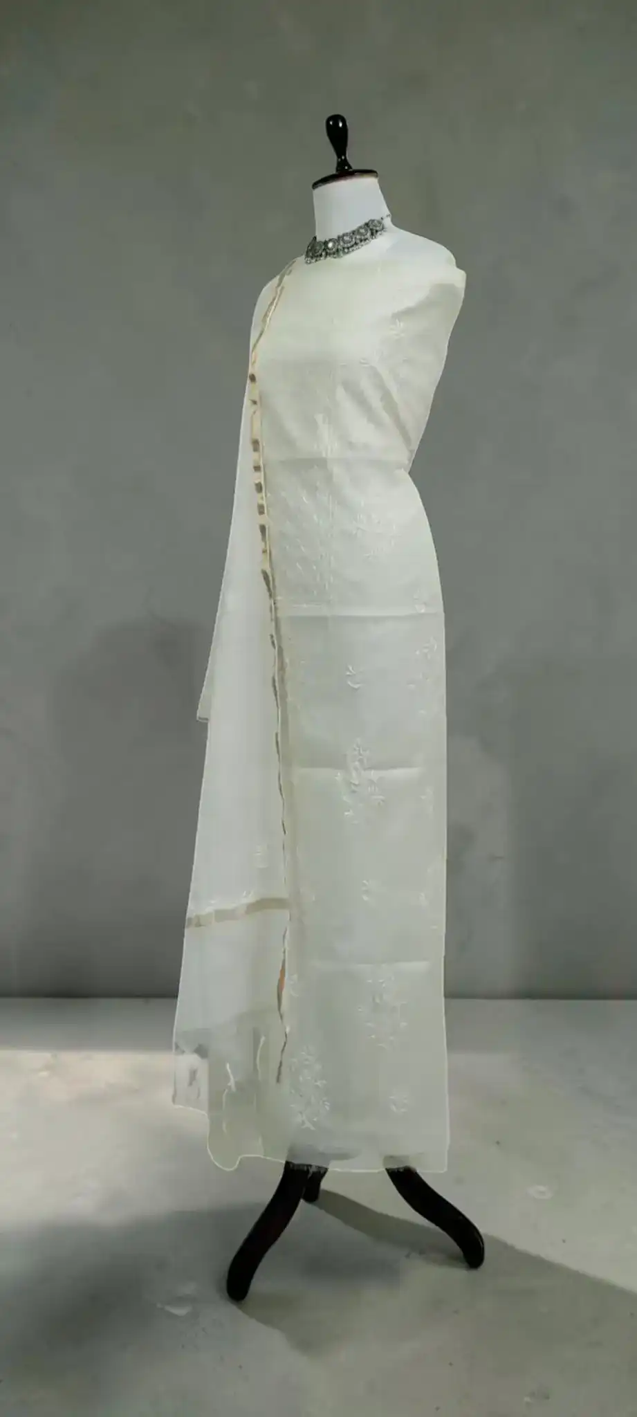 White Chikankari Mul Cotton Dress Material with Hand-Embroidered Dupatta view 2
