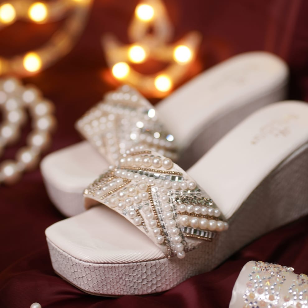White Pearl and Rhinestone Embellished Wedges view 2