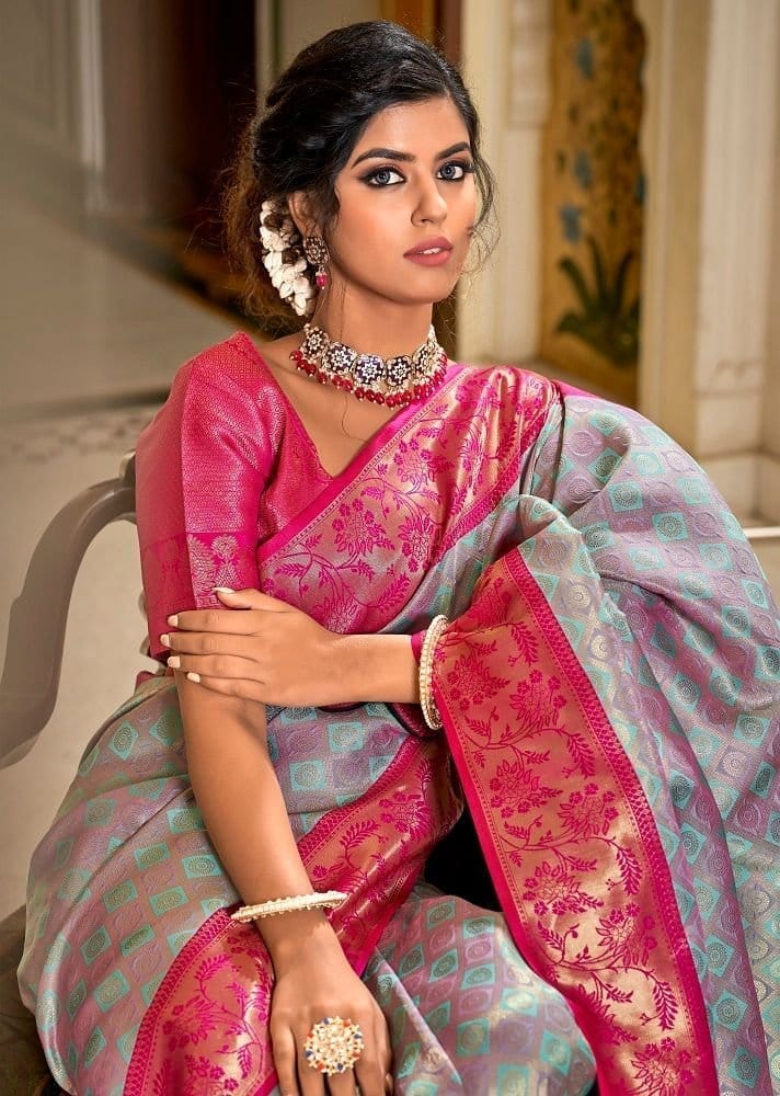 Woven Art Silk Saree in Grey view 2