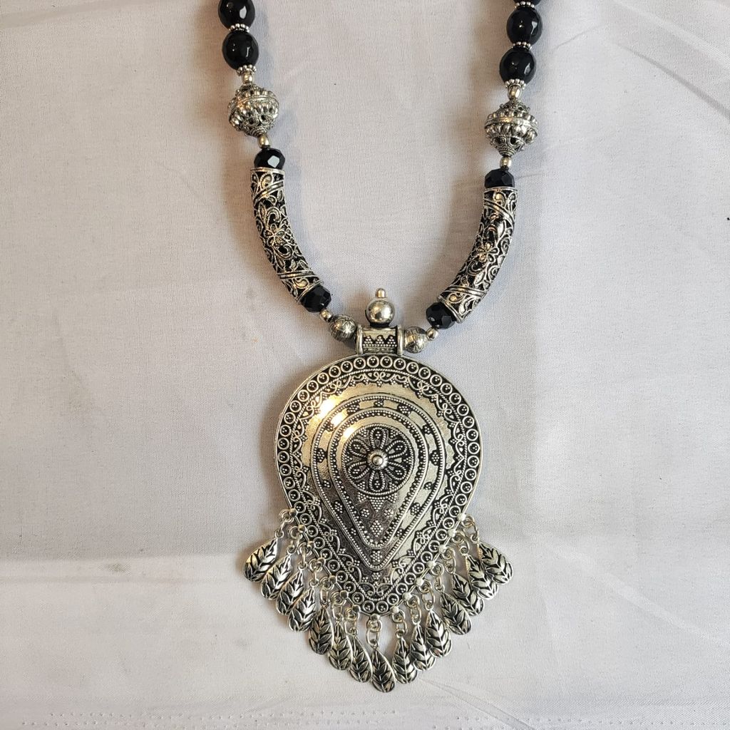 German Silver Pendant and Beads with Agate stone beads ( Necklace with earrings ) view 2