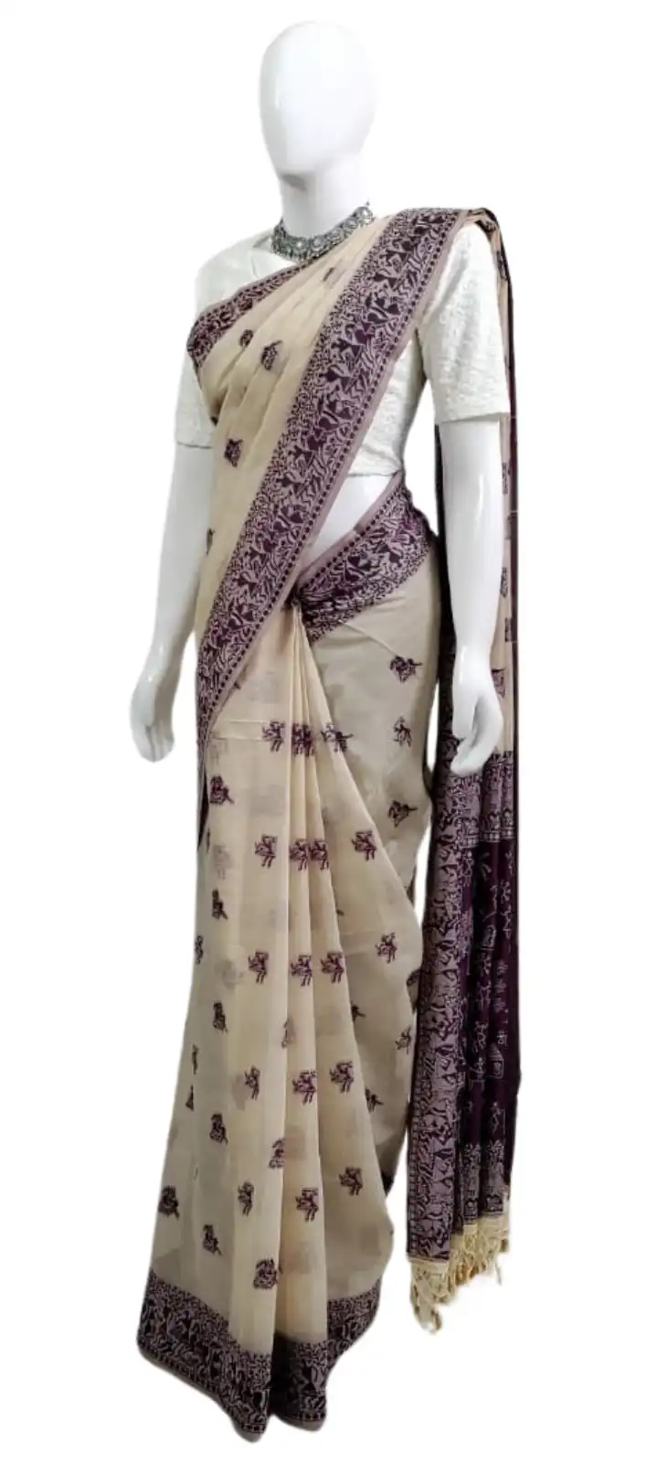 Saura Art Cotton Saree Cream Mauve Elephant Buti Pallu view 2