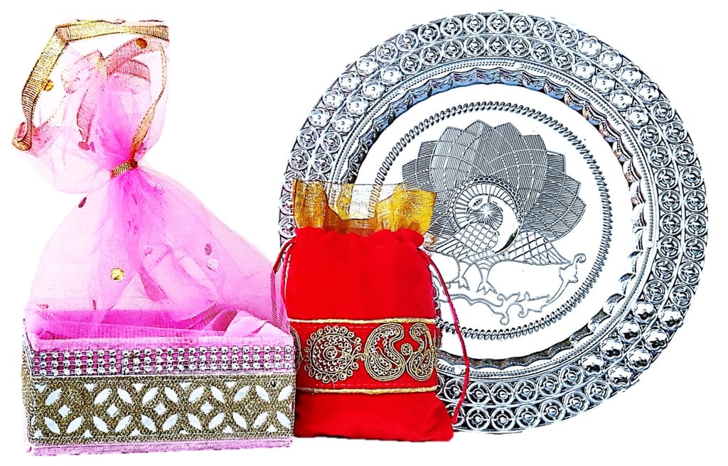 Omkar by R3 Inc. Silver Gift Plate, Square Basket with Shagun Potli for Gifts Hampers | Fancy Hamper| Wedding Basket / Pouch for gift Packing (Pack of 3) view 2