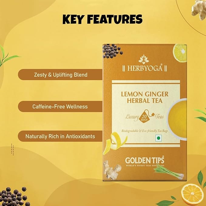 Golden Tips Lemon Ginger Herbal Tea, Herbal Blend with Lemongrass, Ginger, Lemon Peel & Black Pepper, Caffeine-Free Citrus-Spice Infusion for Energy, Digestion & Refreshment view 2