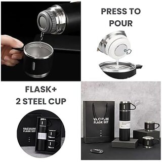 Stainless Steel 500ml Vacuum Flask Set with 2 Cups | Double Wall Insulated Bottle, Premium Gift Pack (Assorted Colors) view 2