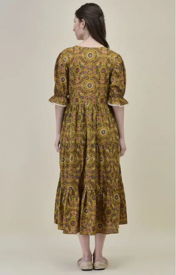 Mustard Yellow Hand-Block Printed Midi Dress view 2