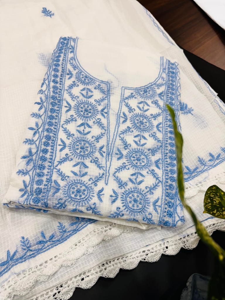 Hand Embroidered Kota Dori Cotton Kurti Fabric Set � White with Blue Thread Work | Ethnic Women�s Unstitched Dress Material view 2