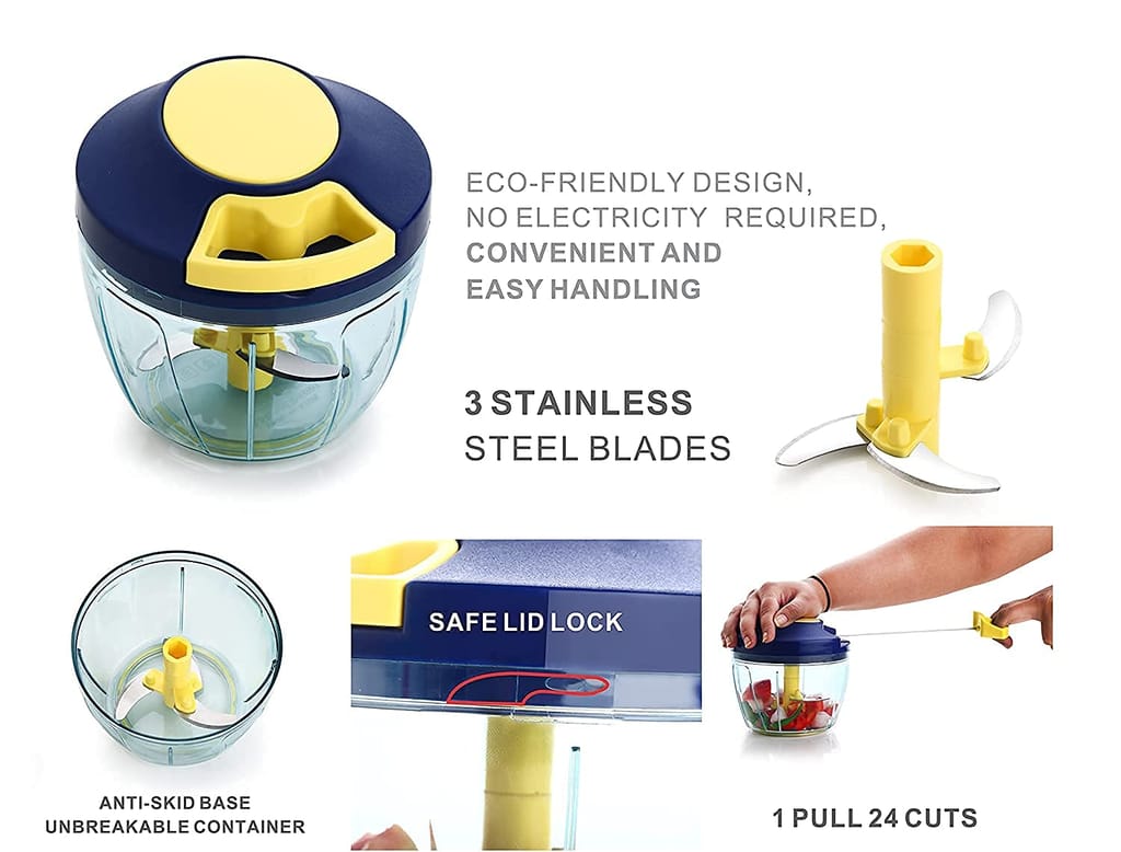 GLOBAL IMPEX Vegetable Round Quick Handy Dori Chopper (1000 ml) with 6 Stainless Steel Blade and Whisker Multipurpose Speedy, Dry Fruit and Onion Machine for Kitchen Tool (Neavy Blue & Yellow) view 2