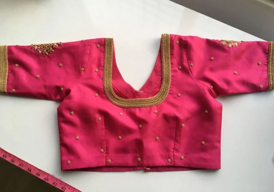 Pink Embroidered Gold Border Designer Blouse view 2