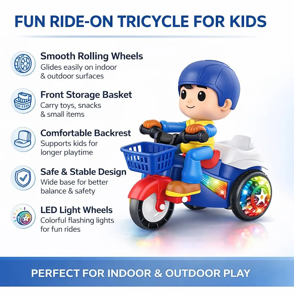 Braintastic Stunt Tricycle Bump and Go Toy for Kids | 360 Degree Rotating Dancing Motorcycle Bicycle with Flashing Lights Sound Music | Musical Moving Toy Vehicle Gift for Boys Girls view 2
