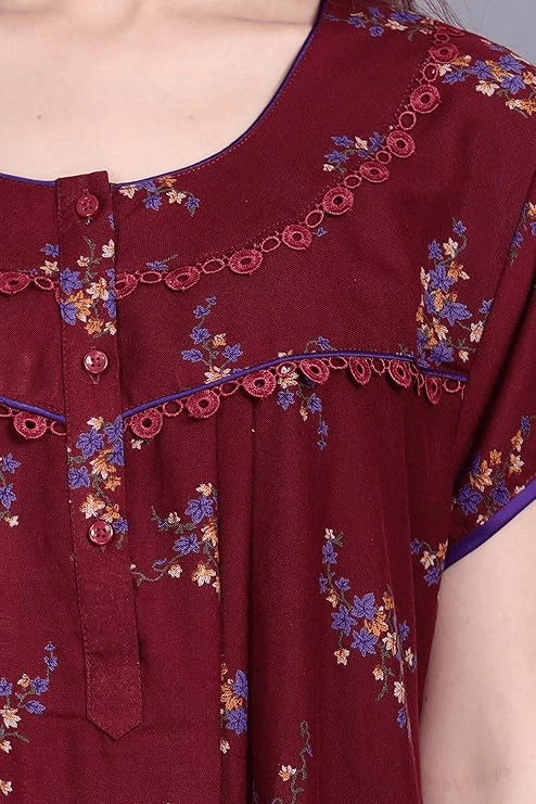 Women's Floral Printed Maroon Cotton Blend Nighty/Mother Feed Nighty Nandyal view 2