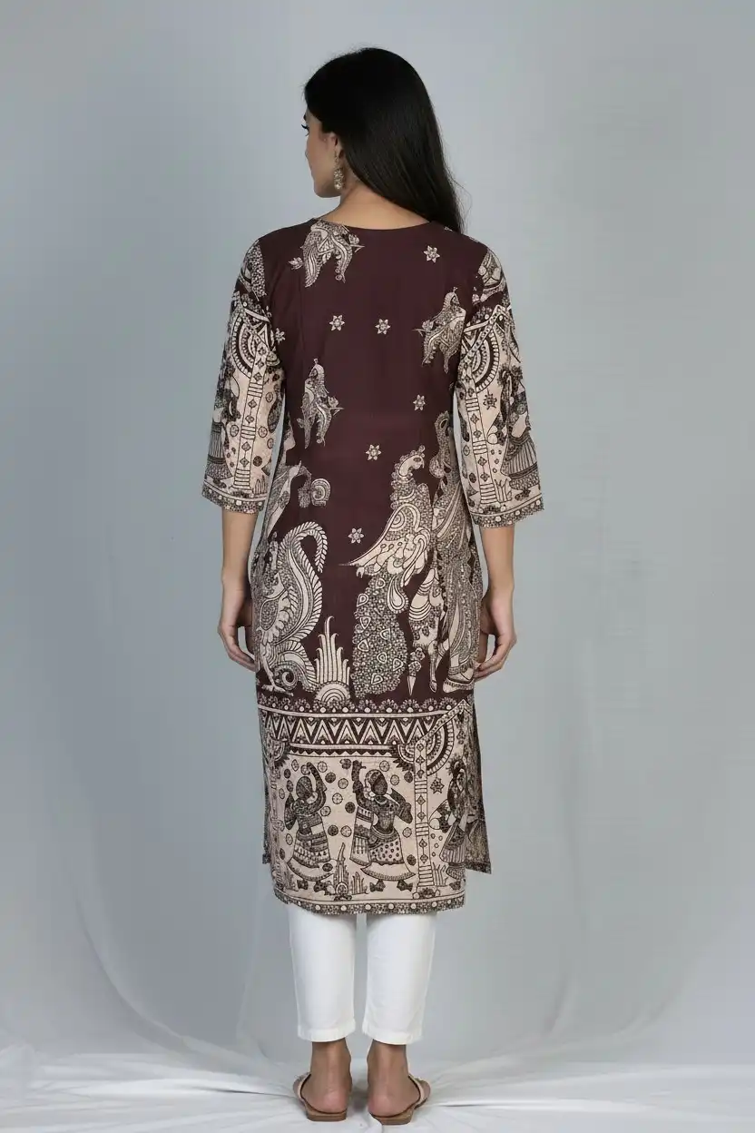 Pattachitra Print Cotton Kurti Chocolate Brown view 2