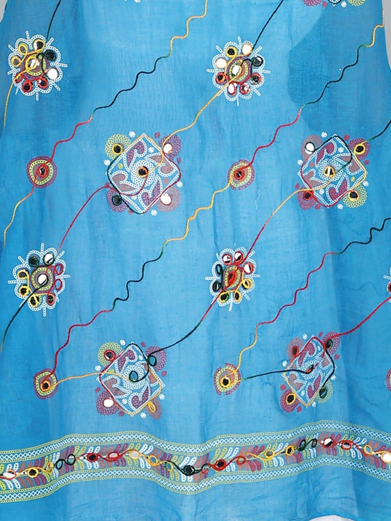 Diva-Blue Printed Dupatta from Kutch with Hand-Embroidered Florals and Mirrors view 2