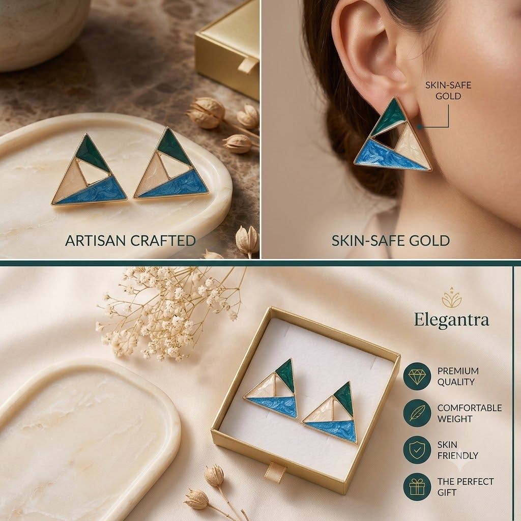 Elegantra Geometric Stud Earrings Combo for Women & Girls (Pack of 2 Pairs) | Multicolor Enamel Triangle & Square Studs | Anti-Tarnish Gold-Plated Western Fashion Jewellery Set view 2