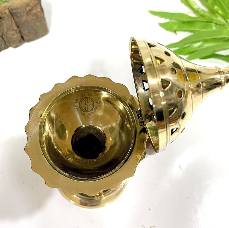 Brass Home Purifying Hand Loban Incense Burner, with Wooden Handle, Dhoop Dhuni Burner Sambrani Dhoop, Resin & Home (No. 6) (Big) view 2