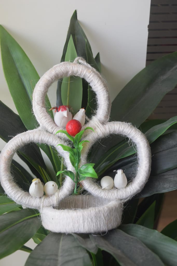 Handcrafted White Yarn Wrapped Holiday Decor Spiral with Artificial Berries, Leaves, White Flowers, Red Accents, Rustic Christmas Decoration view 2