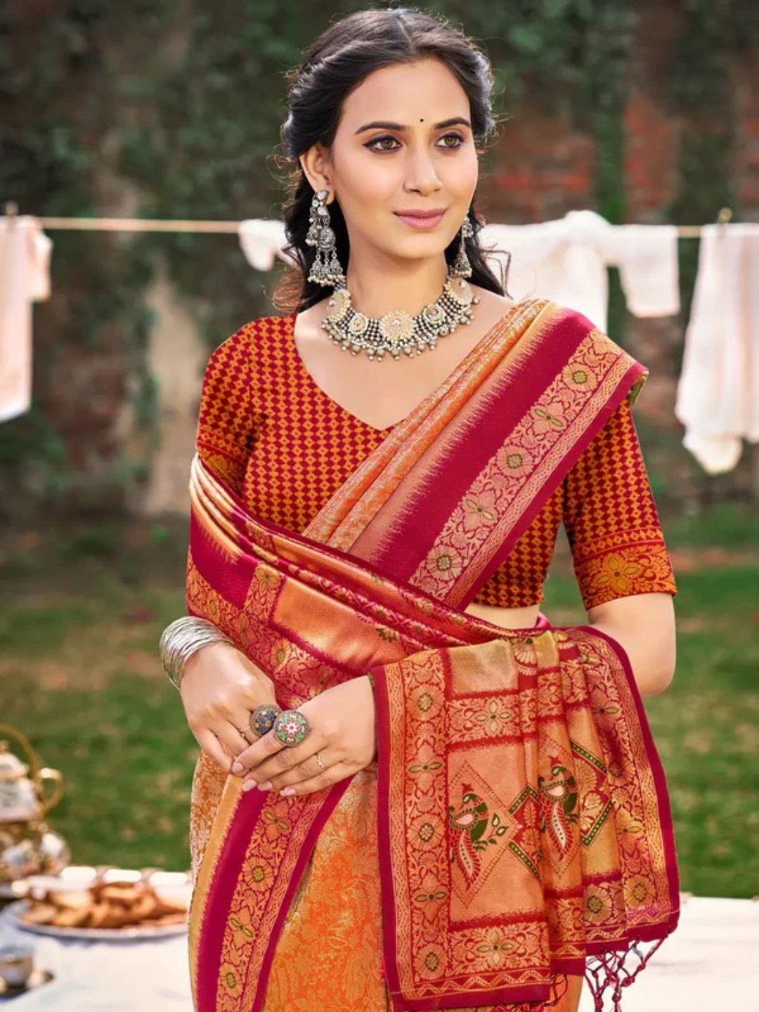 Orange Banarasi Silk Saree view 2