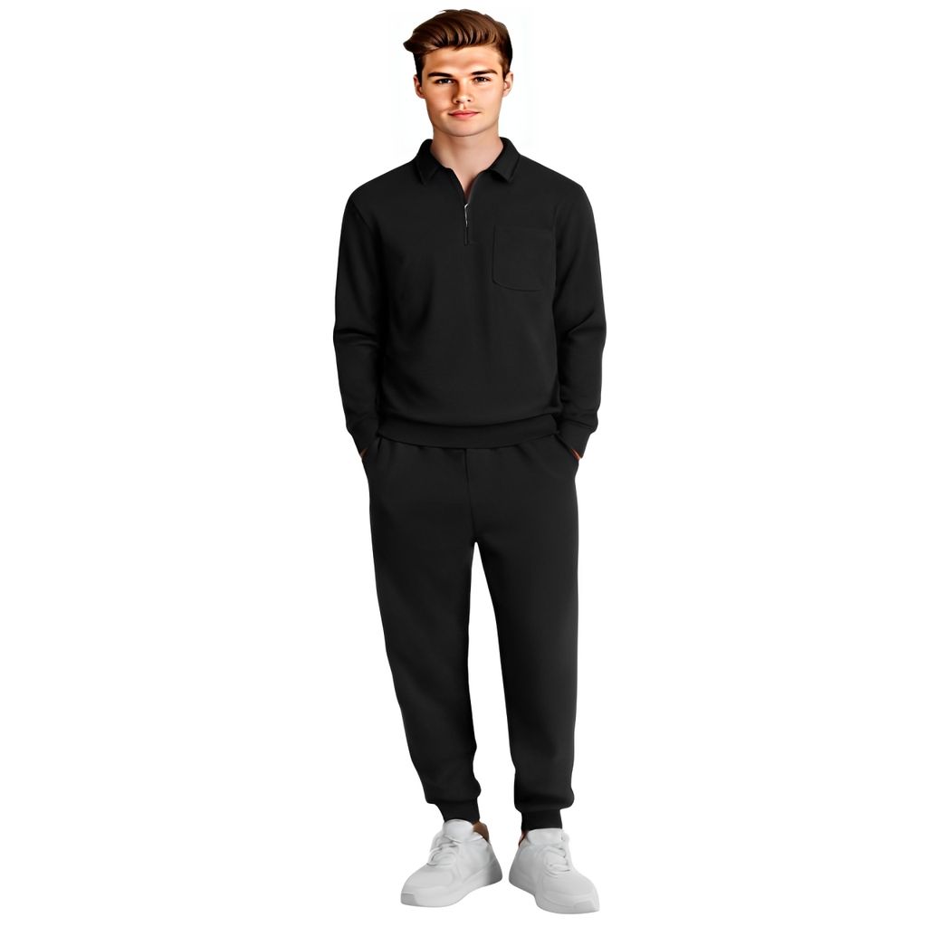 HAZAWA Men's Black Casual Tracksuit Set – Zip Collar Tshirt & Joggers, Stylish, Fashionable, gymwear, All Seasons Wear, Tracksuit