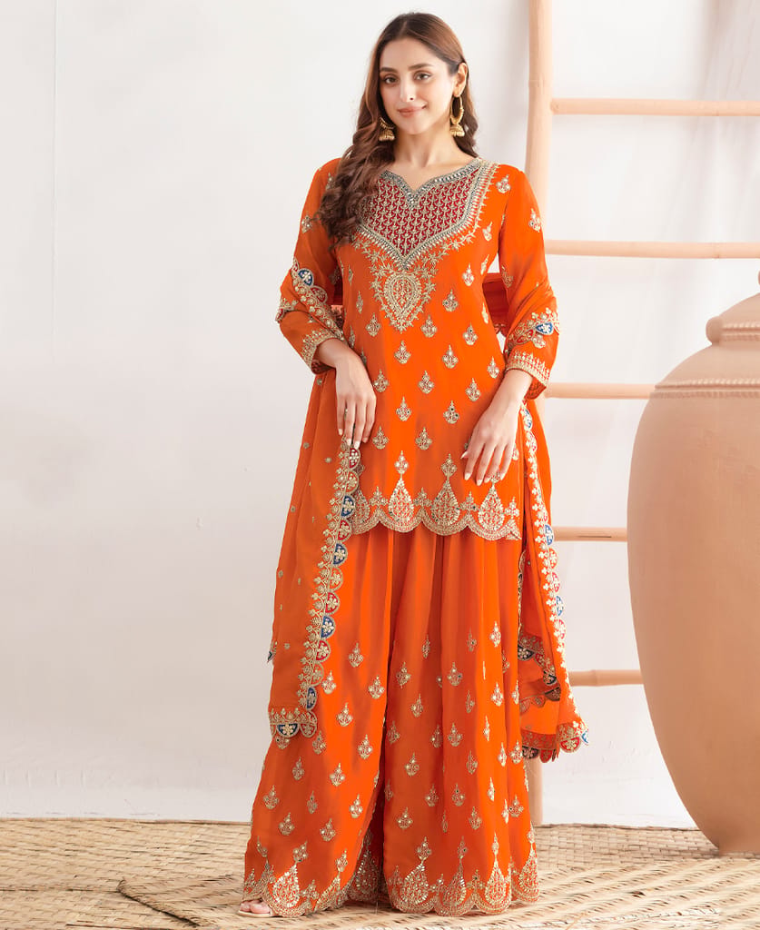 Premium Magenta Chinon Palazzo Suit for Women Wear