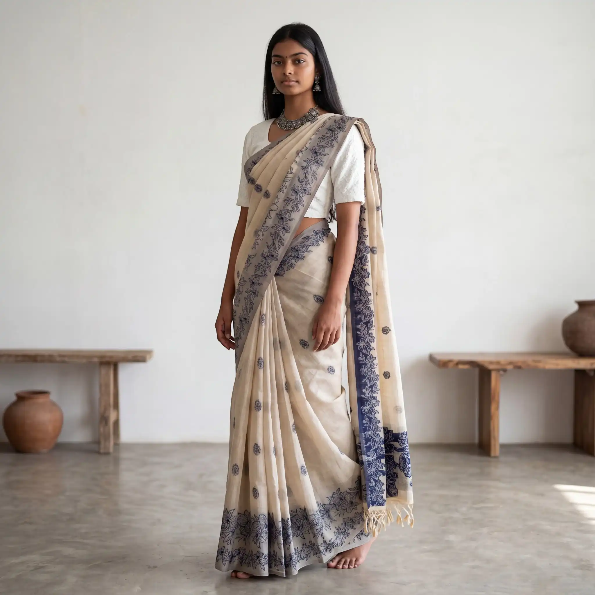 Handwoven Sambalpuri Baandha Ikat Cotton Saree in Ivory and Indigo view 2