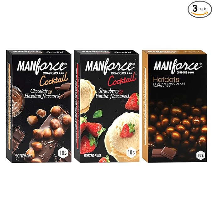 MANFORCE Exotic Premium Condoms (Hotdots Belgian Chocolate with Bigger Dots Cocktail Strawberry + Vanilla with Dotted Rings and Cocktail Chocolate + Hazelnut with Dotted Rings) Combo - 10s (Pack of 3) Condom (Set of 3 30 Sheets)