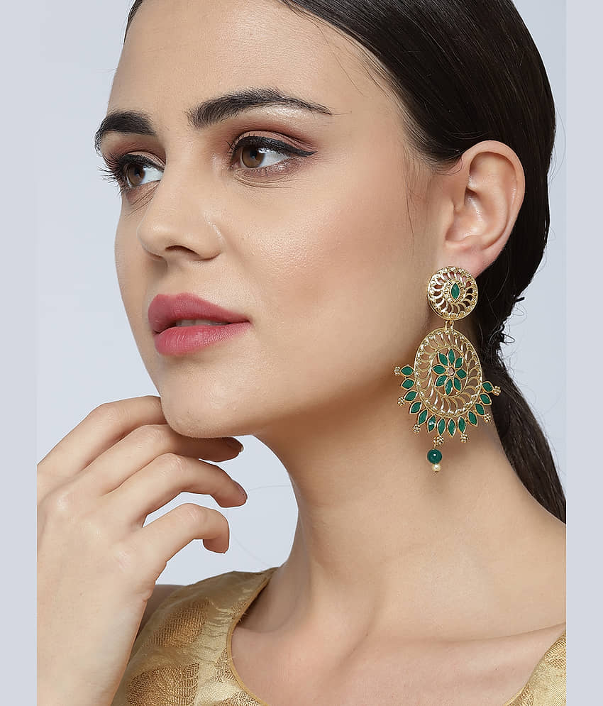 Priyaasi Traditional Green Coloured Stone Gold Plated Drop Earrings for Women and Girls view 2