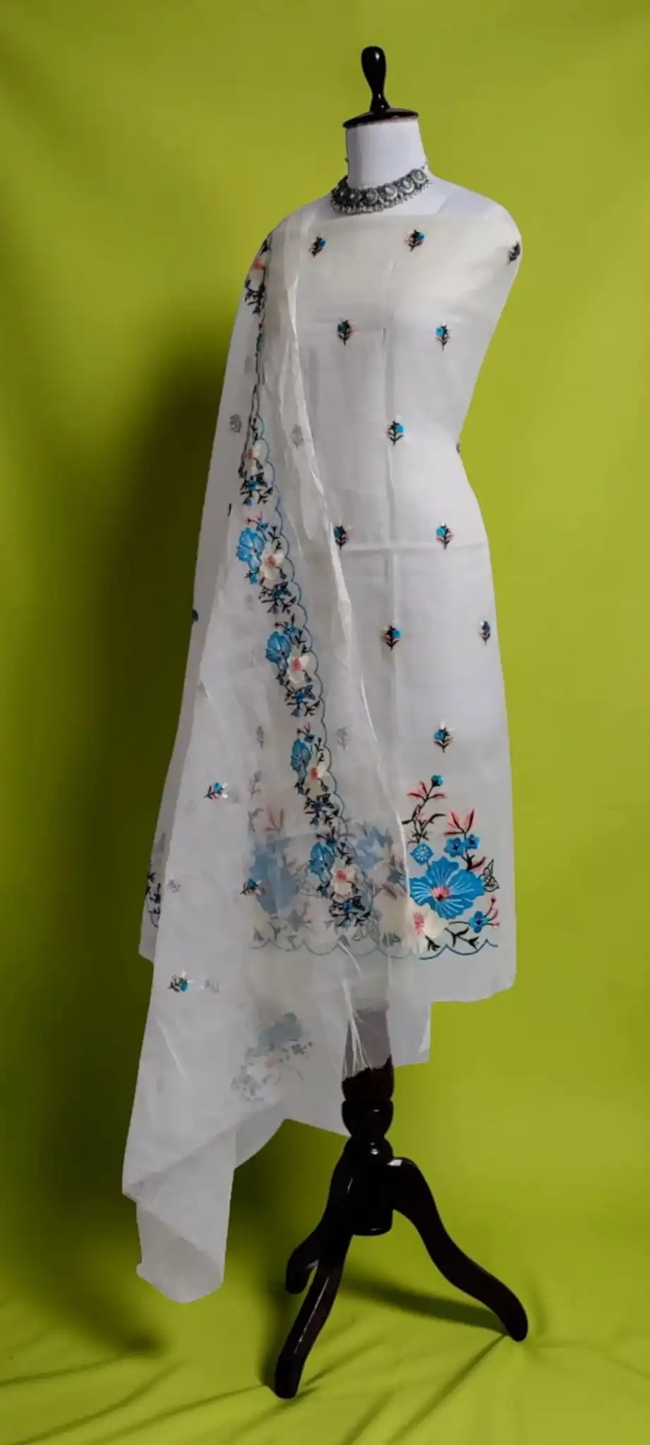 Handwoven Kota Doria Cotton-Silk Dress Material with Hand Embroidery view 2