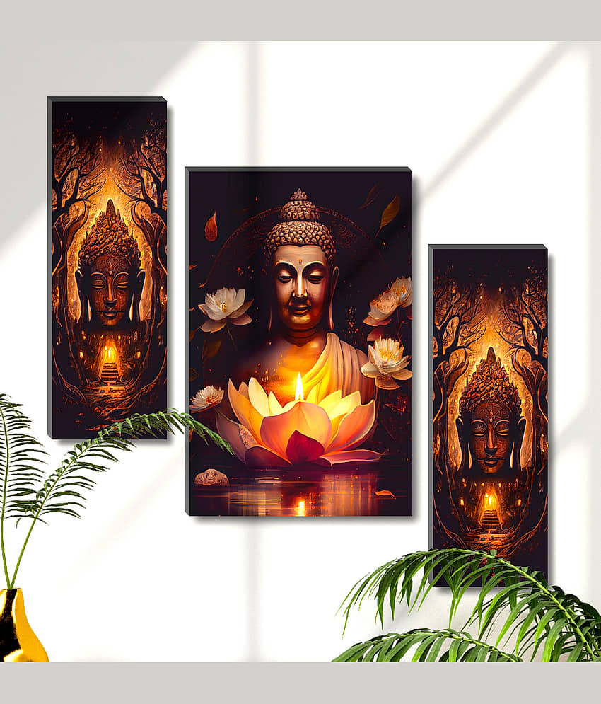 SAF Set of 3 Glowing Buddha with Lotus Lamp Wall Painting | Enlightenment Art with Temple & Floral Aura view 2