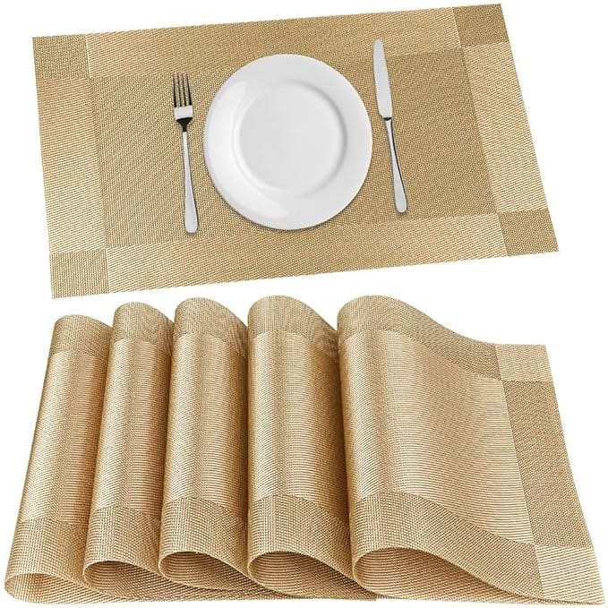 Placemats for Dining Table Set of 4 - Heat Resistant Washable PVC Place Mats - Non-Slip Table Mats for Kitchen, Home, Party, Wedding (17.7" x 11.8", Gold) view 2