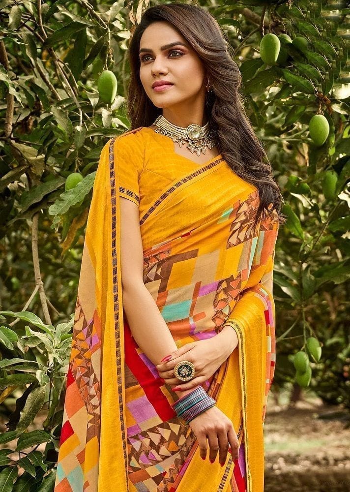 Multicolor Color Georgette Saree With Fancy Border And Blouse Piece view 2
