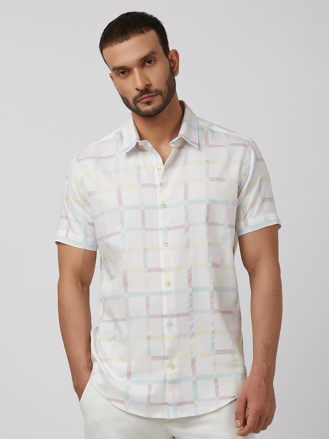 Multicolour Painted Check Slim Fit Casual Shirt