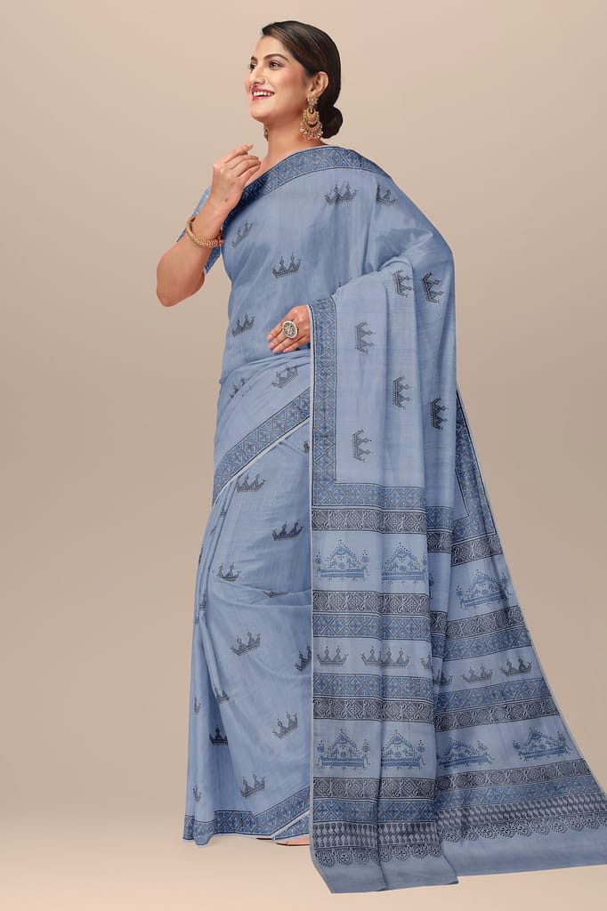 Grey Hand Block Print Tribal Tattoo Sausar Silk Saree SKU-AS10002 view 2