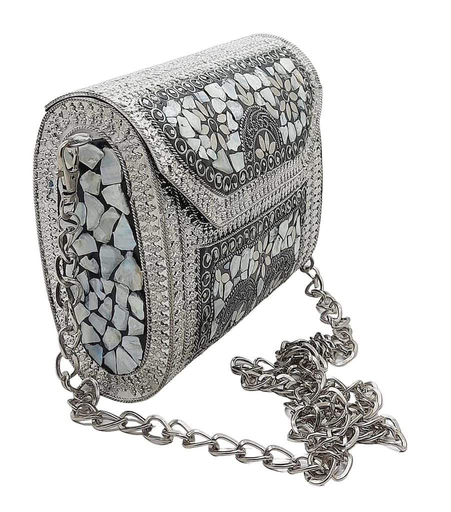Shakuntala Vintage Mosaic Silver & White Metal Embellished Bridal Clutch Sling Bag for Women view 2